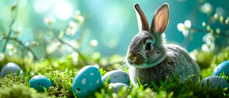 Easter bunny with colored eggs on green grass, panoramic bannerの素材