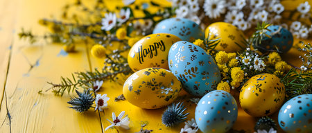 Easter eggs and flowers on yellow wooden background. Happy Easter card.の素材
