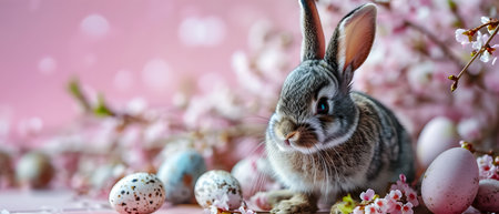 Easter bunny with Easter eggs and cherry blossoms on pink backgroundの素材