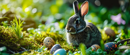Easter bunny and Easter eggs on green grass in spring timeの素材