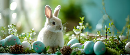 Easter bunny and easter eggs on green bokeh backgroundの素材