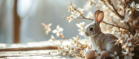 Easter bunny with easter eggs on rustic wooden background.の素材
