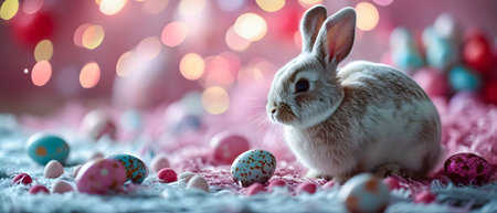 Easter bunny and colorful eggs on bokeh lights background.の素材