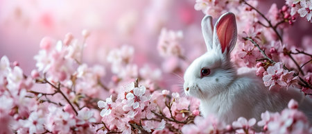 Cute white rabbit on the background of spring blooming tree.の素材