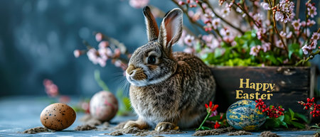Easter bunny, Easter eggs and flowers on a wooden background.の素材