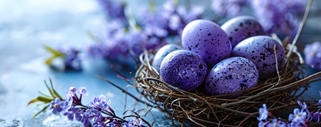 Easter eggs in a nest with lilac flowers on a blue backgroundの素材
