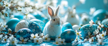 Happy Easter. Cute little white rabbit and blue eggs on blue background.の素材