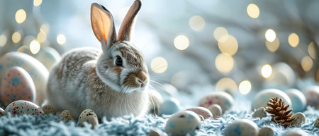 Cute Easter bunny and eggs on bokeh background, bannerの素材