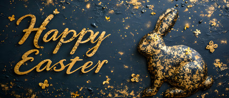 Happy Easter greeting card with golden bunny and confetti on dark backgroundの素材