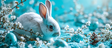 Easter background with white rabbit, eggs and flowers on blue background.の素材