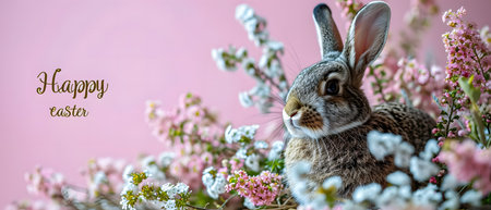 Easter bunny and spring flowers on pink background with copy space.の素材