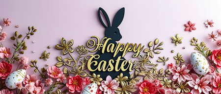 Happy Easter greeting card with easter bunny, flowers and eggs on pink backgroundの素材