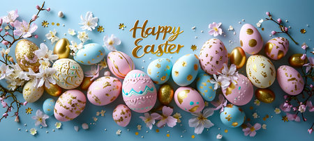 Happy Easter greeting card with easter eggs and spring flowers on blue backgroundの素材