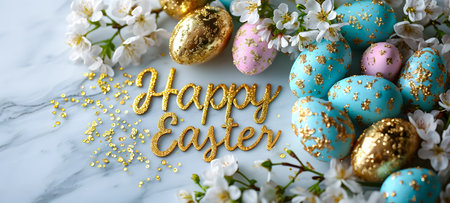 Happy Easter greeting card. Colorful easter eggs and spring flowersle backgroundの素材