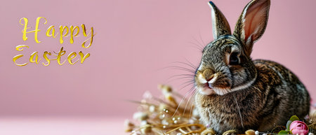 Easter bunny in nest with flowers on pink background. Happy Easter!の素材