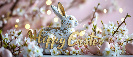 Happy Easter greeting card with Easter bunny and spring flowers on pink backgroundの素材