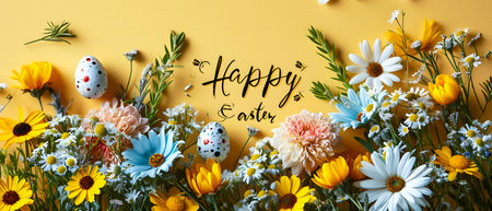 Happy Easter greeting card. Colorful flowers and easter eggs on yellow background.の素材