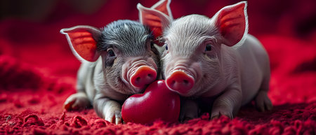 Two little piglets with a red heart on a red background.の素材