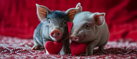 Two cute little pigs with red hearts on red background, close upの素材