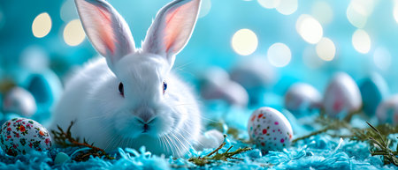 Happy Easter! Cute white rabbit with easter eggs on blue background.の素材