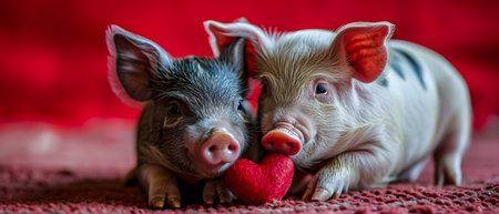 Piglets with red heart on red background. Valentine's Dayの素材