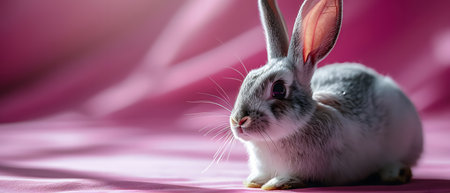 Cute little rabbit on pink background. Easter concept. Copyspace.の素材