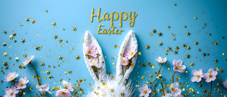 Happy Easter greeting card. White bunny ears and flowers on blue background with golden confetti.の素材