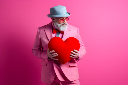 Portrait of cheerful senior man in pink suit and bow tie holding red paper heart isolated on pink backgroundの素材