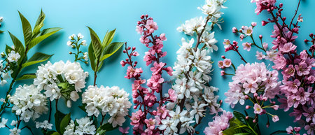 top view of blooming sakura branches on blue background, flat layの素材