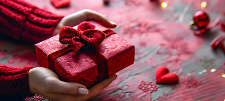 Female hands holding a red gift box with a red bow and a red heart.の素材