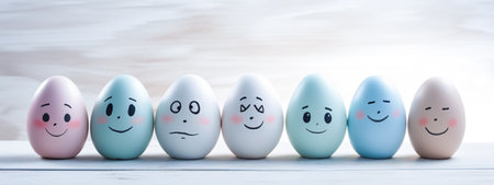 Happy easter eggs with painted smiley faces on white wooden backgroundの素材