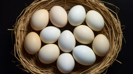White chicken eggs in a basket on a black background. Top view.の素材