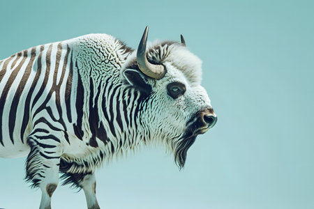 Portrait of a zebra with horns on a blue background.の素材