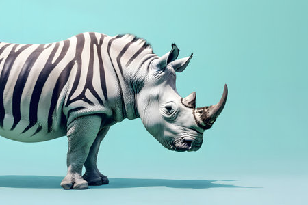 White rhinoceros with black and white stripes on blue backgroundの素材