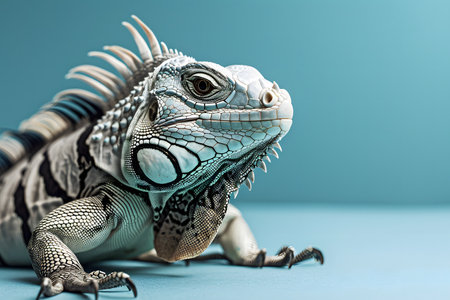 Blue iguana on blue background, close-up. Studio shot.の素材