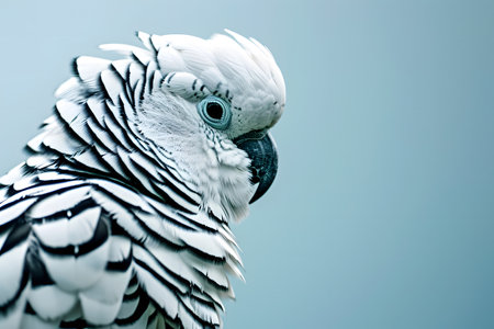 Close up of a white macaw parrot with a blue backgroundの素材