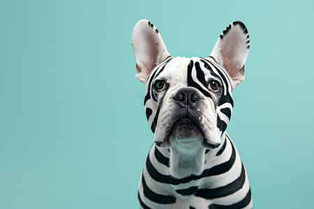 Portrait of a purebred french bulldog on a blue backgroundの素材