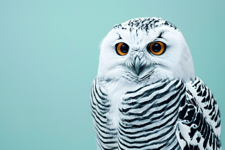 Snowy owl isolated on blue background with copy space for text.の素材