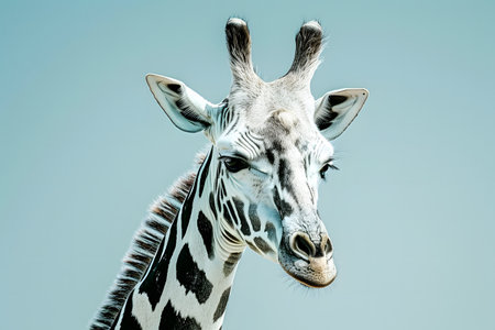 Close up of a giraffe head, isolated on blue background.の素材