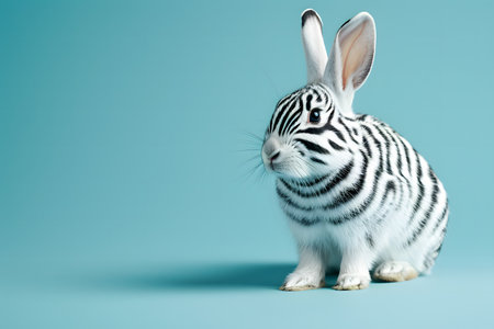 Cute white bunny with black and white stripes on a blue backgroundの素材