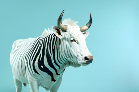 White zebra with horns isolated on blue background. Studio shot.の素材