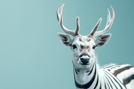 Portrait of a zebra with antlers on a blue backgroundの素材