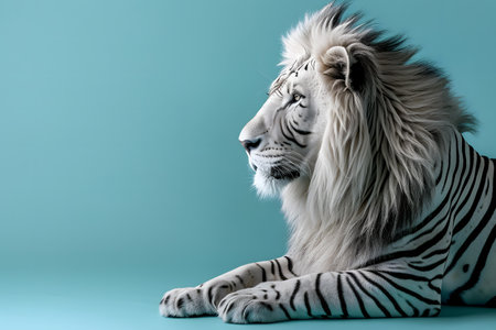 White lion on blue background with copy space for text or image.の素材
