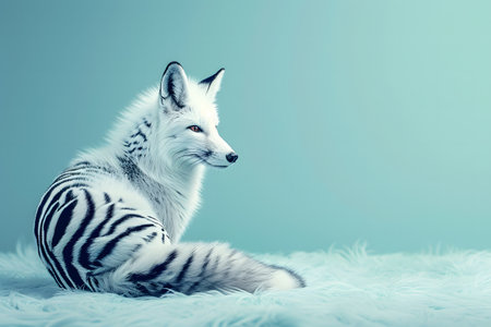 Beautiful portrait of a white fox on a blue background. Studio shot.の素材