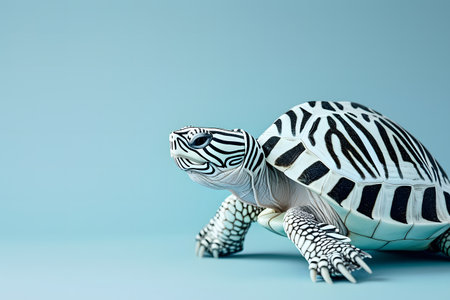 Turtle toy isolated on blue background with copy space for text.の素材