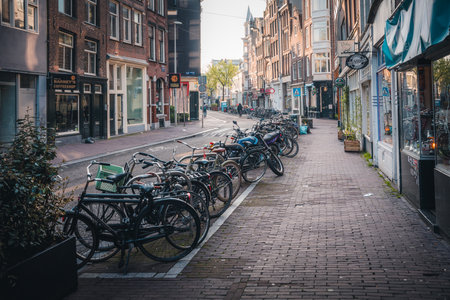 Bicycles parked in the street of Amsterdam.の写真素材