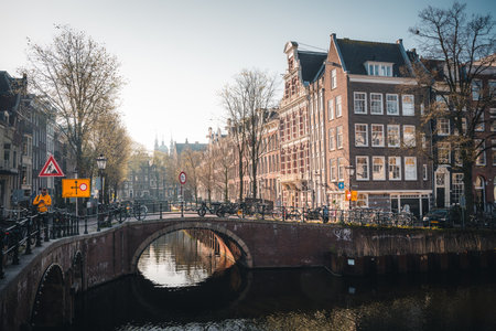 Beautiful canals and traditional houses in Amsterdam, Netherlandsの写真素材