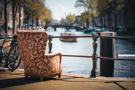 Colorful chairs on the embankment of Amsterdam.の写真素材