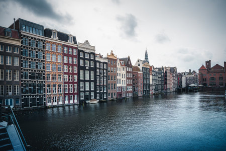 Panoramic view of Amsterdam canals and houses, Holland, Netherlandsの写真素材