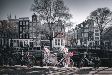 Bicycles on the canals of Amsterdam.の写真素材